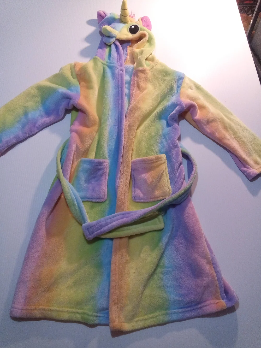 Girls Yung Hooded Fleece Robe Unicorn Rainbow Multicolor Tie Belt Long Sleeve S